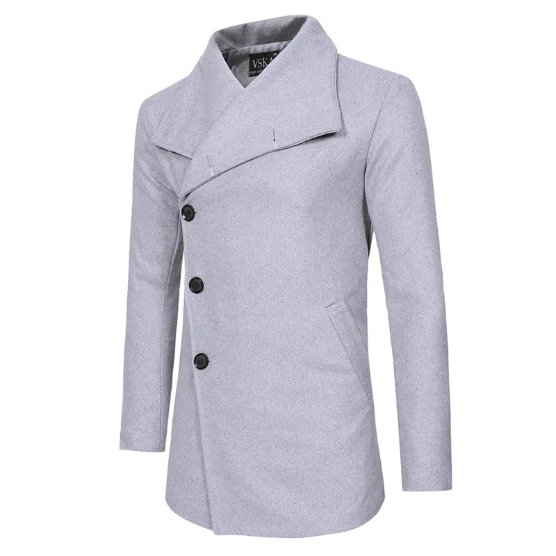 

2018 Winter New Style Single Breasted Oblique Placket Men Casual Slim Fit Mid-length Woolen Trench Coat