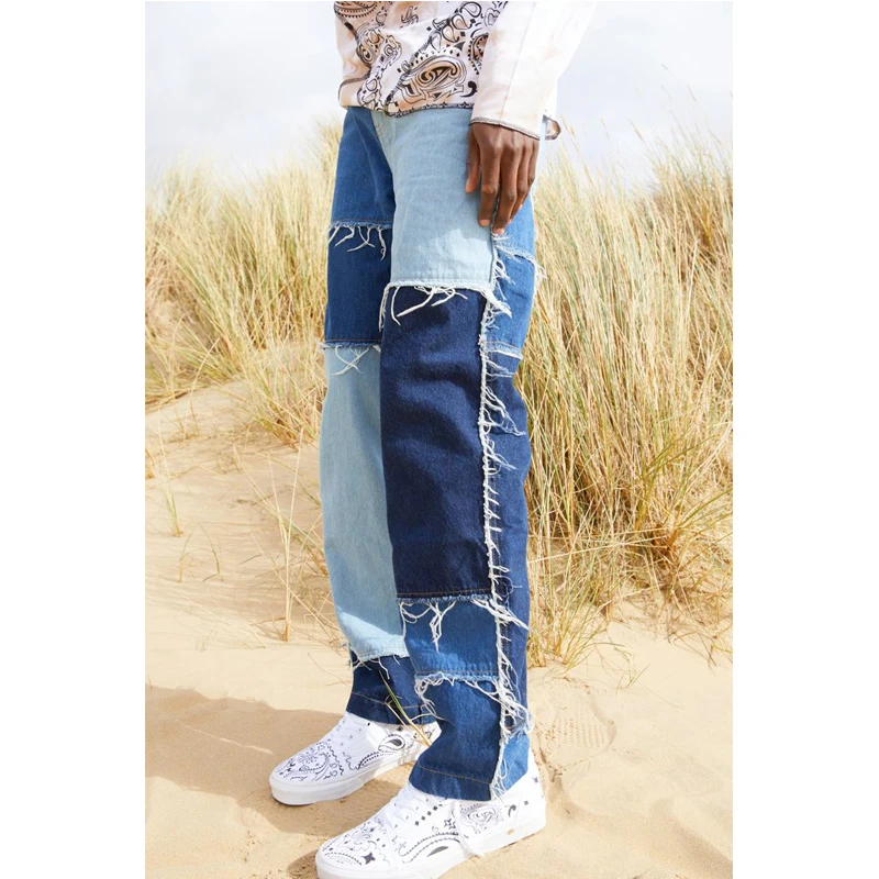 Pantalones vaqueros rectos para hombre, Jeans deshilachados de estilo Vintage, con bloques de Color, rasgados, ropa de Hip Hop