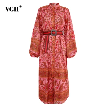 

VGH Vintage Red Print Dress For Women Stand Collar Puff Sleeve High Waist With Sashes Female Dresses Clothes 2020 Spring Fashion