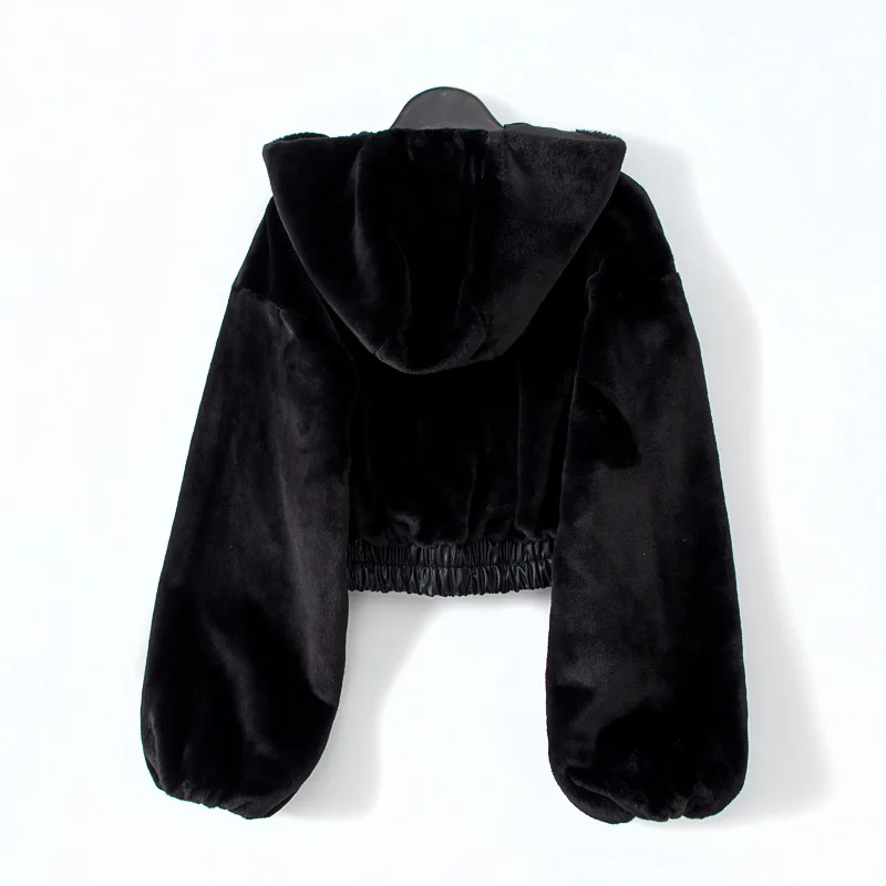 Winter Faux Rabbit Fur Bomber Jacket Teddy Jacket Zipper Streetwear High Waist Furry Hooded Plush Jacket Cardigan Wool Parka