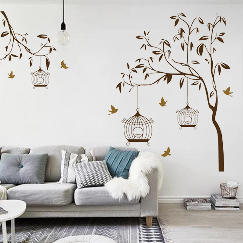 creative tree bird cage wall stickers home decor living room bedroom 60