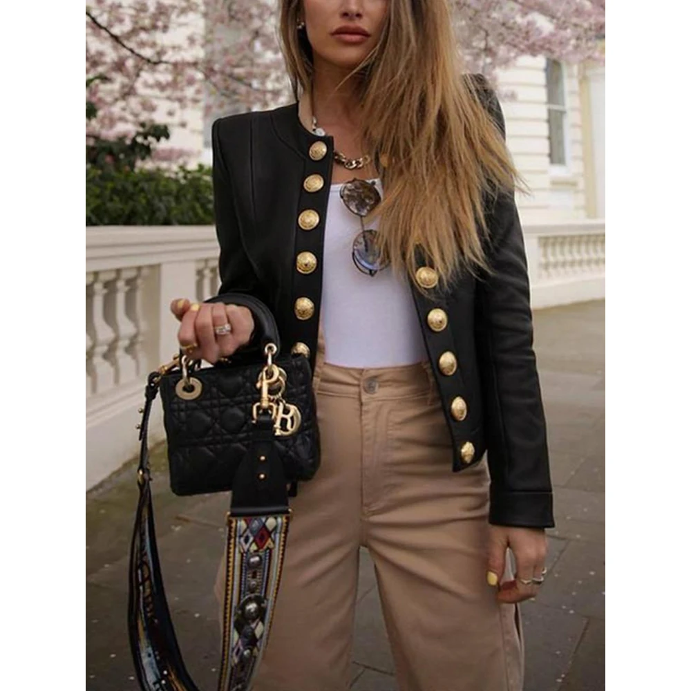 Элегантная Женская куртка, Женская однотонная куртка на пуговицах с длинным рукавом, короткое пальто, облегающее черное байкерское повседневное пальто, Осеннее Женское пальто