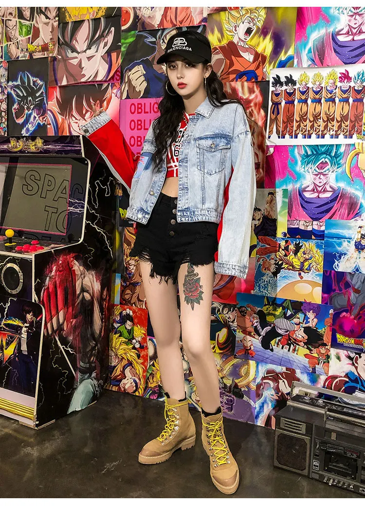 Spring and Autumn Denim Jacket Women Street Style New Red Stitching Printing Loose Short Coats and Jackets