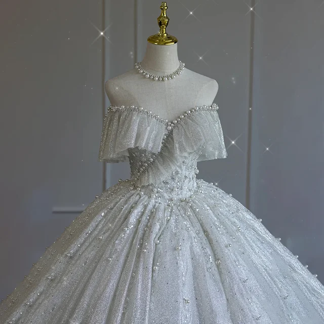 HLF34 2021 Luxury Wedding Dress Beads 3d Flowers High Neck Tassel Short Sleeve Sequin Sparke Bridal Gowns Trouwkleed 3