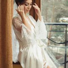 Модное сексуальное женское неглиже кружевное шелковое белье с длинными рукавами банный халат с поясом Свободная ночная рубашка 41