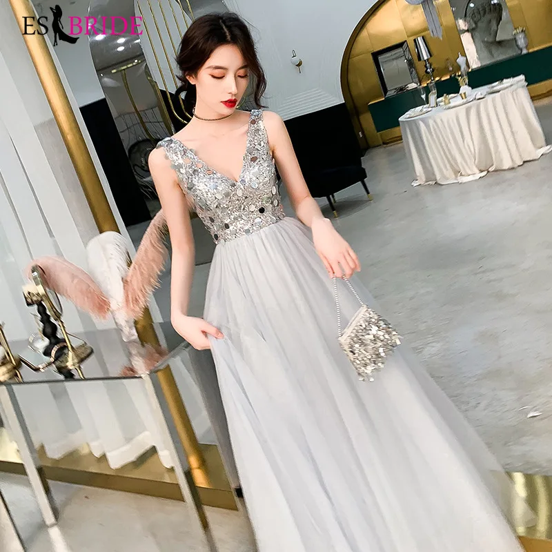 Robe De Soiree сексуальное платье с v-образным воротом, платье трапециевидной формы без рукавов, с блестками вечерние платья Длинные Новое поступление Свадебные Вечерние платья ES3001