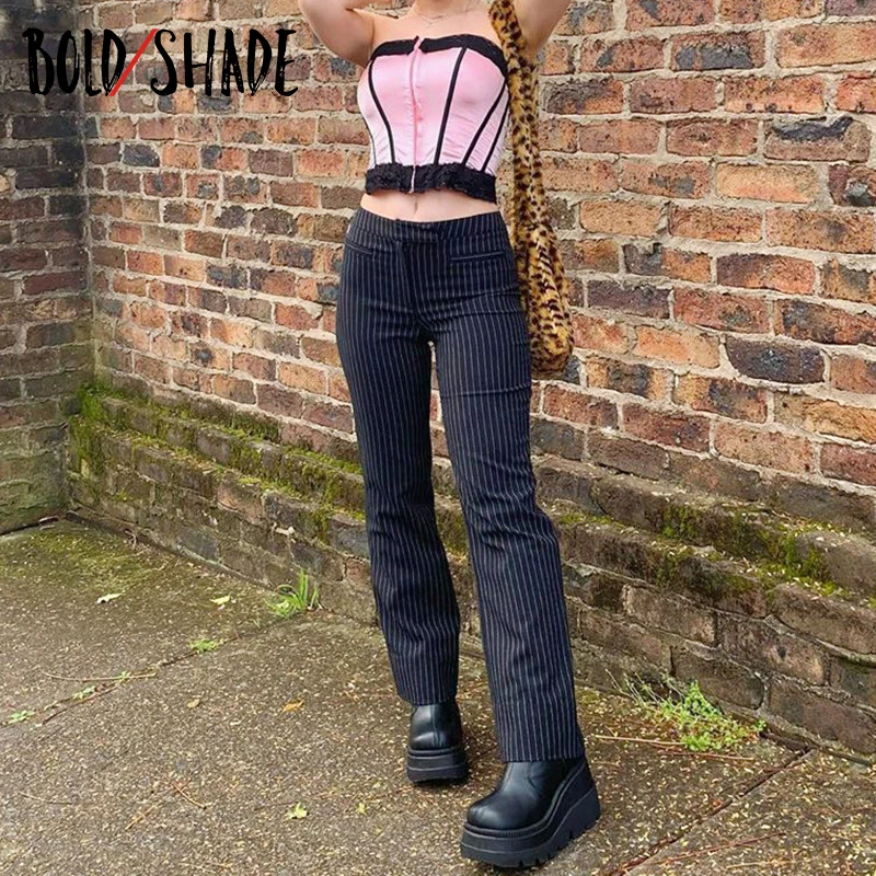 

Bold Shade 90s Streetwear Style Black Pants Striped High Waist Trousers Korean Fashion Women Fall Winter Gothic Straight Pants