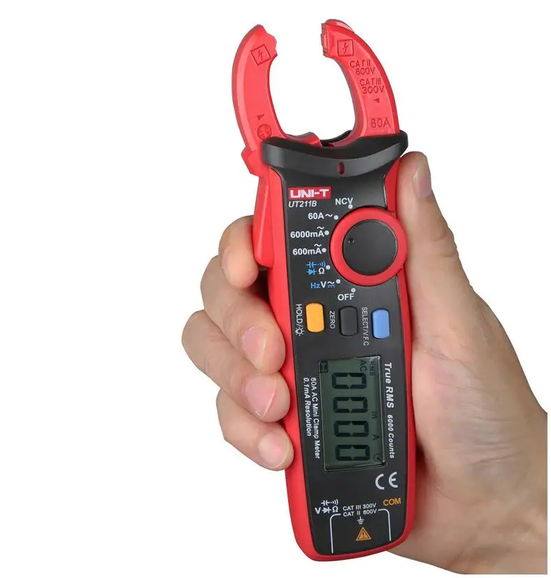 UNI-T UT211B AC/DC 60A Mini Digital Clamp Meters; True RMS Ammeter, V.F.C./NCV/ Resistance/Capacitance Test, LCD Backlight