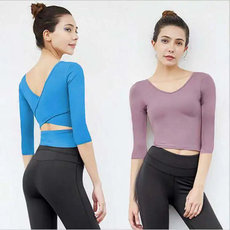 

Autumn And Winter Yoga Clothes Tops Women's Beauty Back Quick-Dry Workout Clothes Three-quarter Sleeve T-shirt with Chest Pad Ru