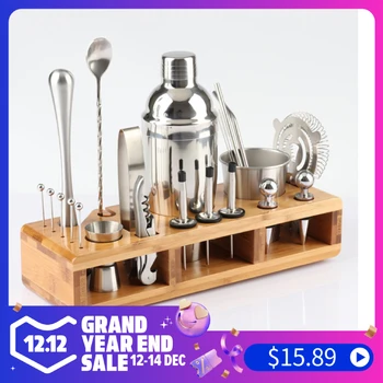 

23pcs Stainless Steel Cocktail Shaker Set Barware Kit with Square Wooden Rack for Bartender Drink Party Bar Tools