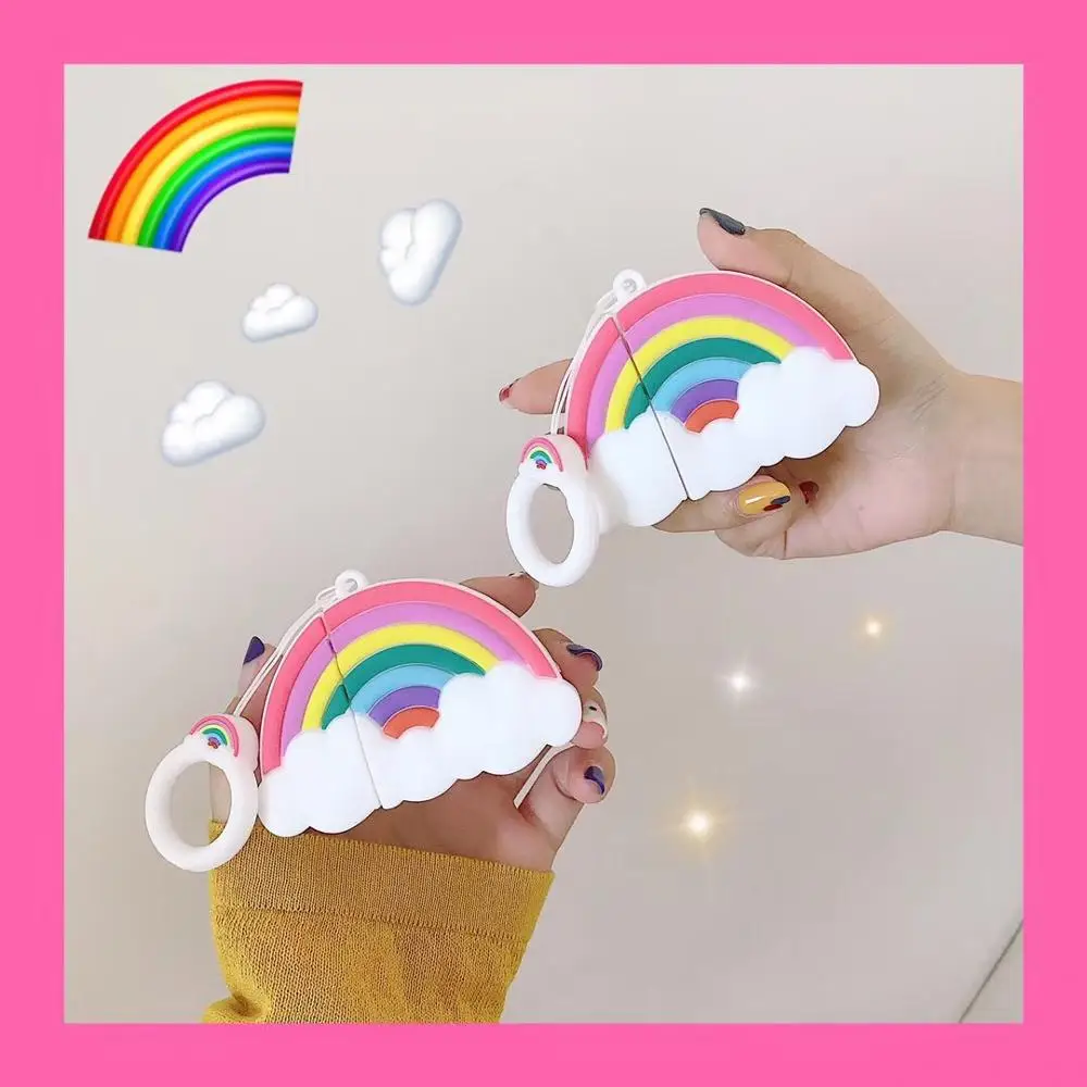 Радужный чехол для наушников Airpods силиконовый мягкий 1 3D кольцо ремень |