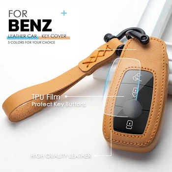 

1Pcs Top Layer Cowhide Leather Car Key Case Cover Key Holder With Keychian For Mercedes Benz S E-Class A200 GLC AMG GT