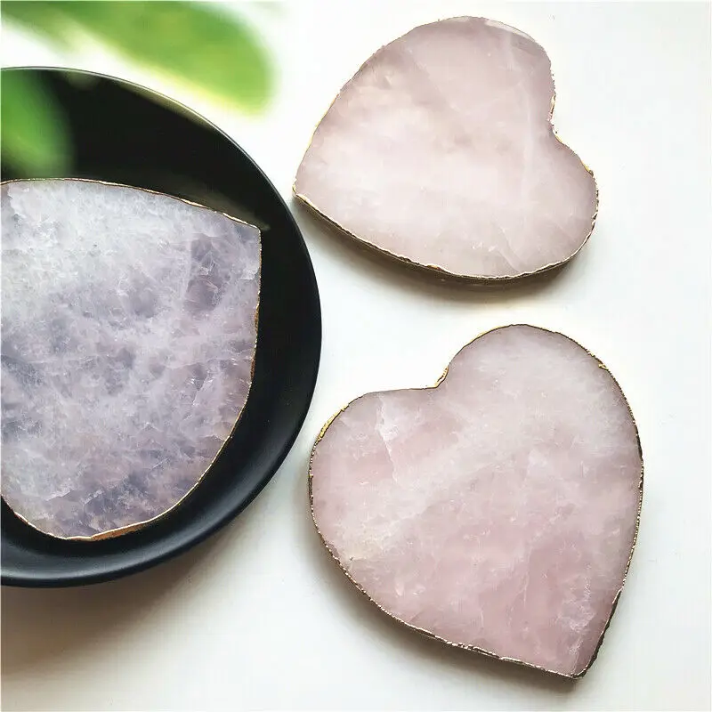 

Beautiful 1pc Natural Rose Quartz Powder Crystal Coaster Heart Crystal Platter Electroplated Gold Jewelry Cup Mat Display Gift