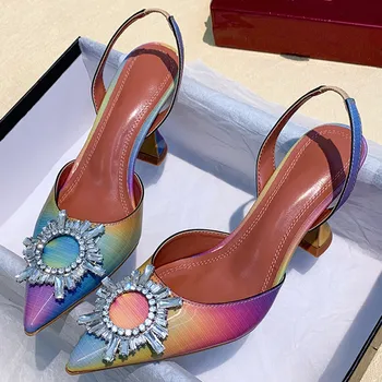 

Rainbow Colors Women High Heel Shoes Crystal Buckle High Heels Pointed Toe Sandals Wine Glass With Sexy Wedding Women Sandals