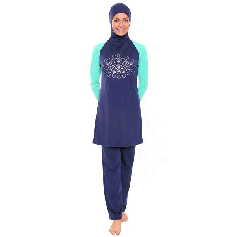 L новости плюс размер скромная одежда исламский мусульманский Купальник Раздельный женский длинный мусульманmah мусульманский хиджаб полное покрытие купальники - Цвет: Синий