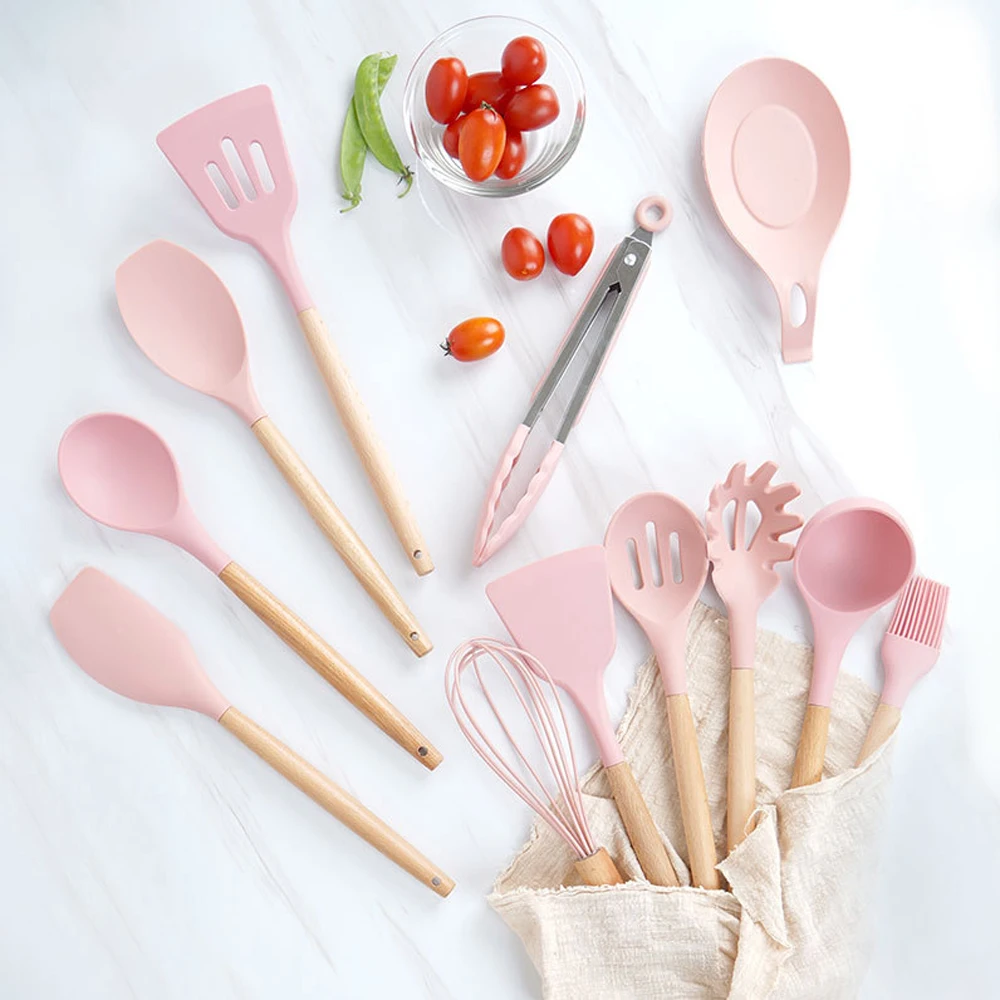 

12PCS Silicone Cooking Utensils Set Non-stick Spatula Shovel Wooden Handle Cooking Tools Set with Storage Box Kitchen Tools