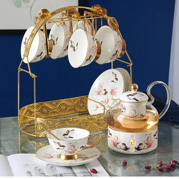 

6pcs Simple Luxury Ceramic Flower and Bird Tea Set Home Coffee Cup Rose Flower Tea Cup Glass Pot with Filter Candle Heating Gift