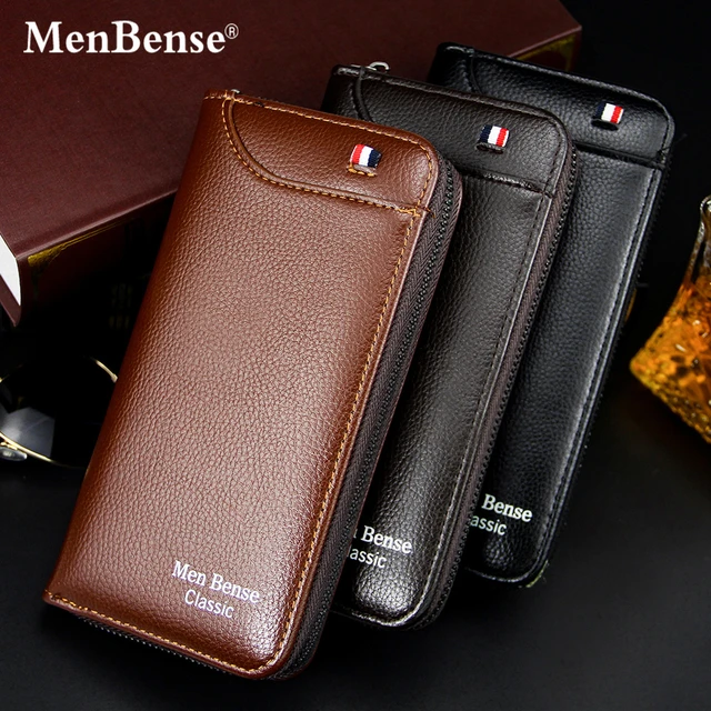 Genuine PU Leather Luxurious Men's Long Clutch Zipper Wallets with Hand  Strap