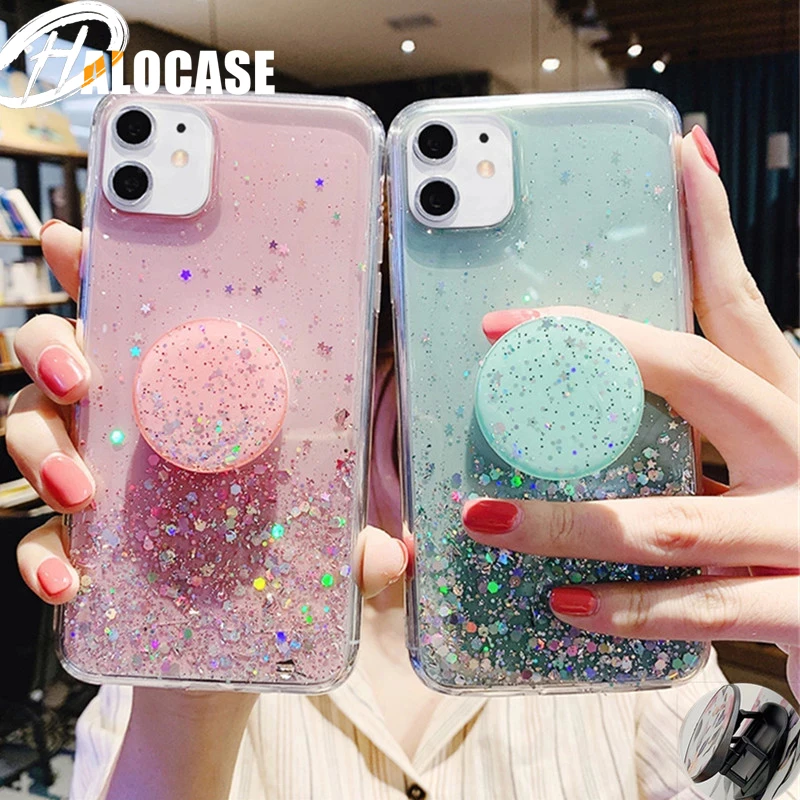 3d Cute Bling Glitter Soft Clean Phone Case For Iphone 12 Mini 11 Pro Max Xr X Xs 6s 7 8 Plus Stand Holder Socket Fitte Cover Mobile Phone Cases Covers Aliexpress