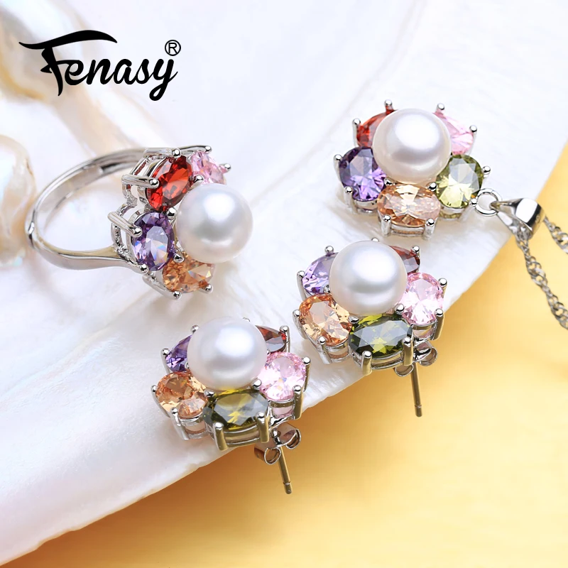 FENASY 925 пробы серебряные Ювелирные наборы с жемчугом серьги-гвоздики из