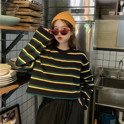 Черный Футболки с длинными рукавами Harajuku с круглым вырезом в полоску; Повседневная весенне-осенняя женская одежда; футболки; укороченный топ; vetement femme; Лидер продаж - Цвет: Черный