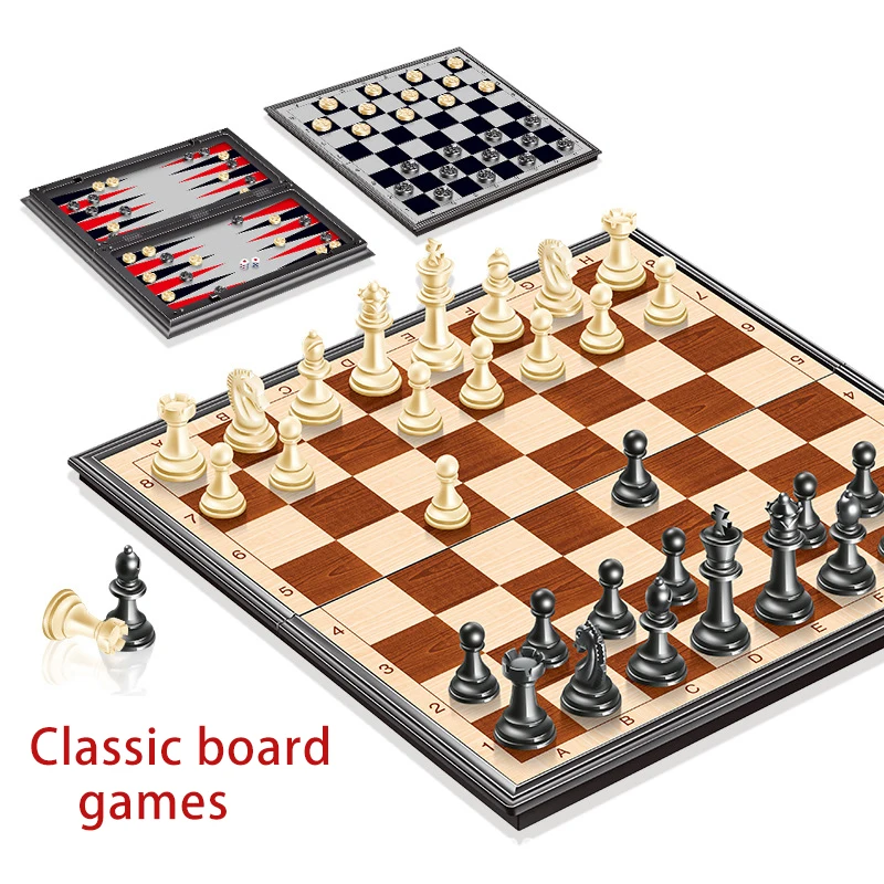 

New 3-in-1 Wooden Magnetic Folding Chess Board Checkers Backgammon Board Game Toys For Kids Adults Xmas Gift