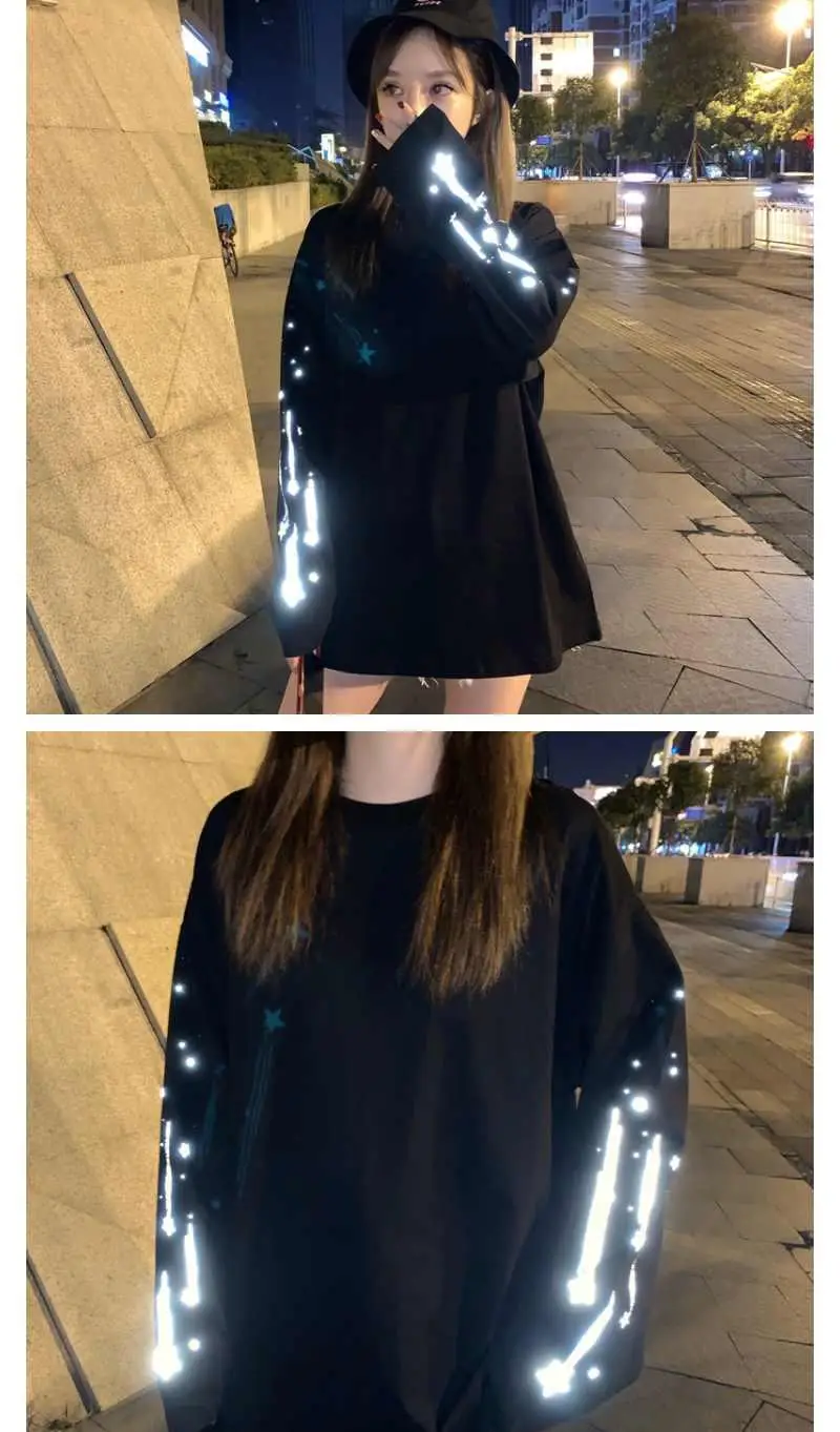 Приятно! INS Горячая светоотражающий Метеор печати негабаритных футболка для женщин мужчин девушка Harajuku с длинными рукавами футболка уличная Пара Одежда