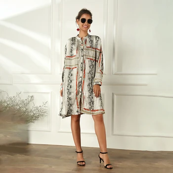

[EWQ] 2020 Spring Summer Stand Collar Long Sleeve Print Single Breasted Adjustable Waist Casual Shirt Dress Women 3AJ06510XL