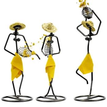 

Creative Flowers Holder Vase Metal Iron Girl Yellow Skirt Cloth Straw Hat Figurines Craft Hotel Home Decoration Gift Ornaments