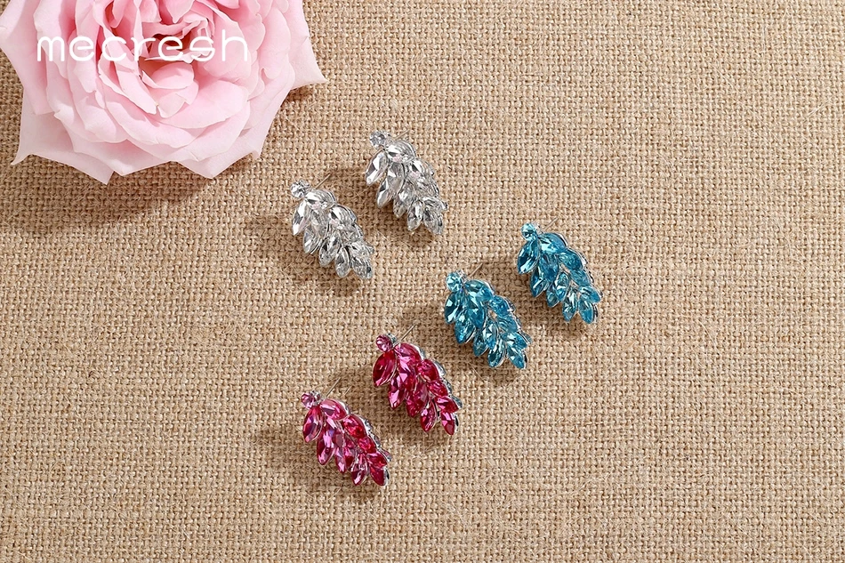Mecresh, милые серьги-гвоздики с кристаллами в виде листьев для женщин, серебряные, синие, красные, свадебные серьги, модные ювелирные изделия MEH1641
