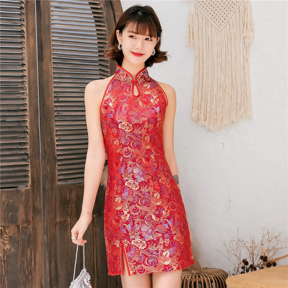 Satin Chinese Dress Women Sleeveless Sexy Qipao Summer Traditional Oversize 3XL Red