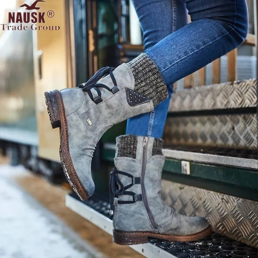 

Women Mid Calf Boots Knitted 2020 Winter Buckle Strap PU Chunky Heels Woman Slip on Retro Boot Ladie Casual Botas Mujer Invierno