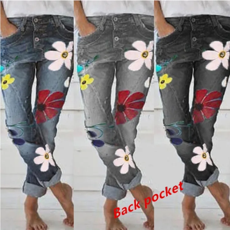 

Printed slim denim trousers retro cross border exclusive European and American wish Amazon hot sale button pocket women's jeans