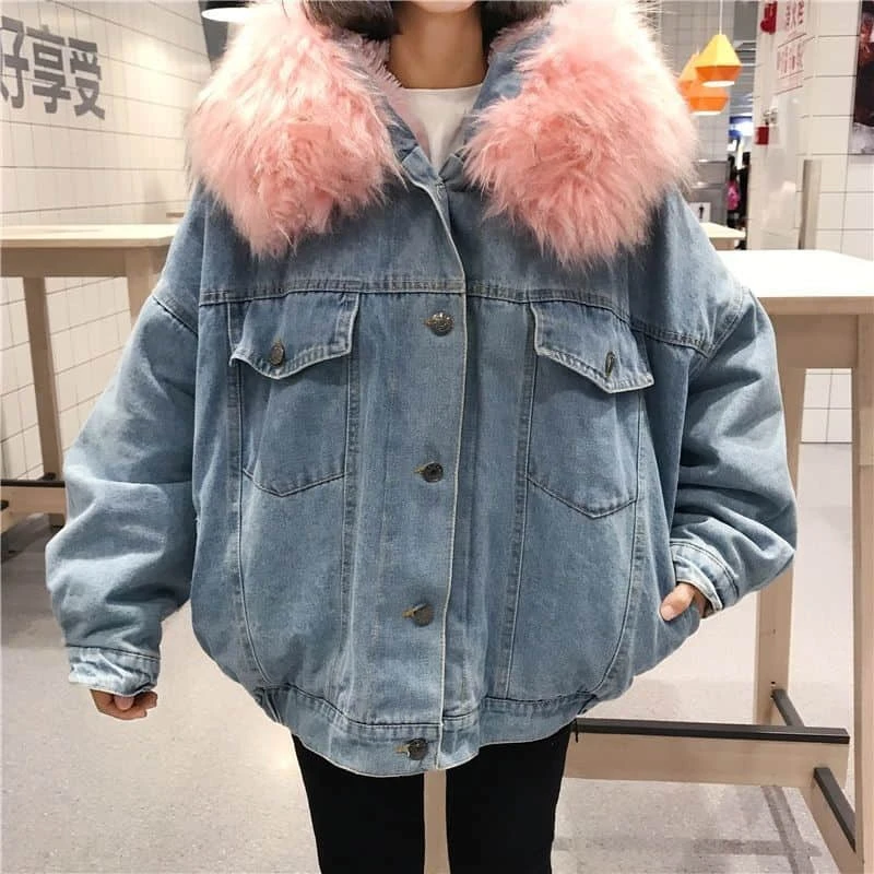 faux fur hooded denim jacket