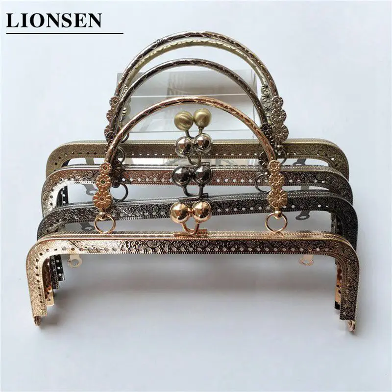 LIONSEN-asa metálica para marco de bolso, accesorios de bolso de mano de 20CM, artesanal, cierre de broche de beso, relieve de bronce, Hardware de bolso cuadrado