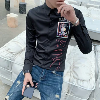 

Skulls Printing Casual Men Shirt Long Sleeve Slim Fit Shirts Men Dress Camisa Masculina Streetwear Social Tops Chemise Homme
