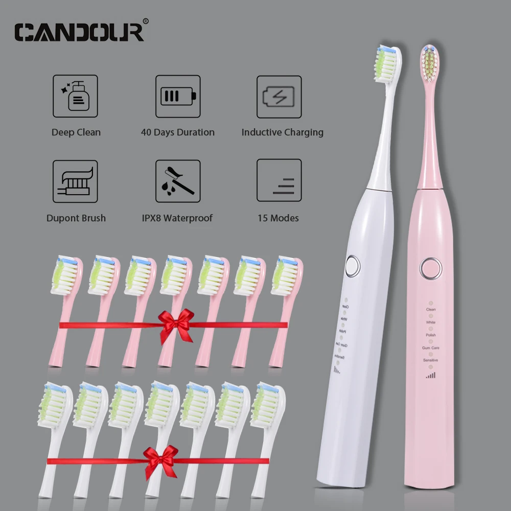

CANDOUR sonic electric toothbrush IPX8 Waterproof Tooth brush USB Rechargeable Ultrasonic automatic 15 Mode with Travel case
