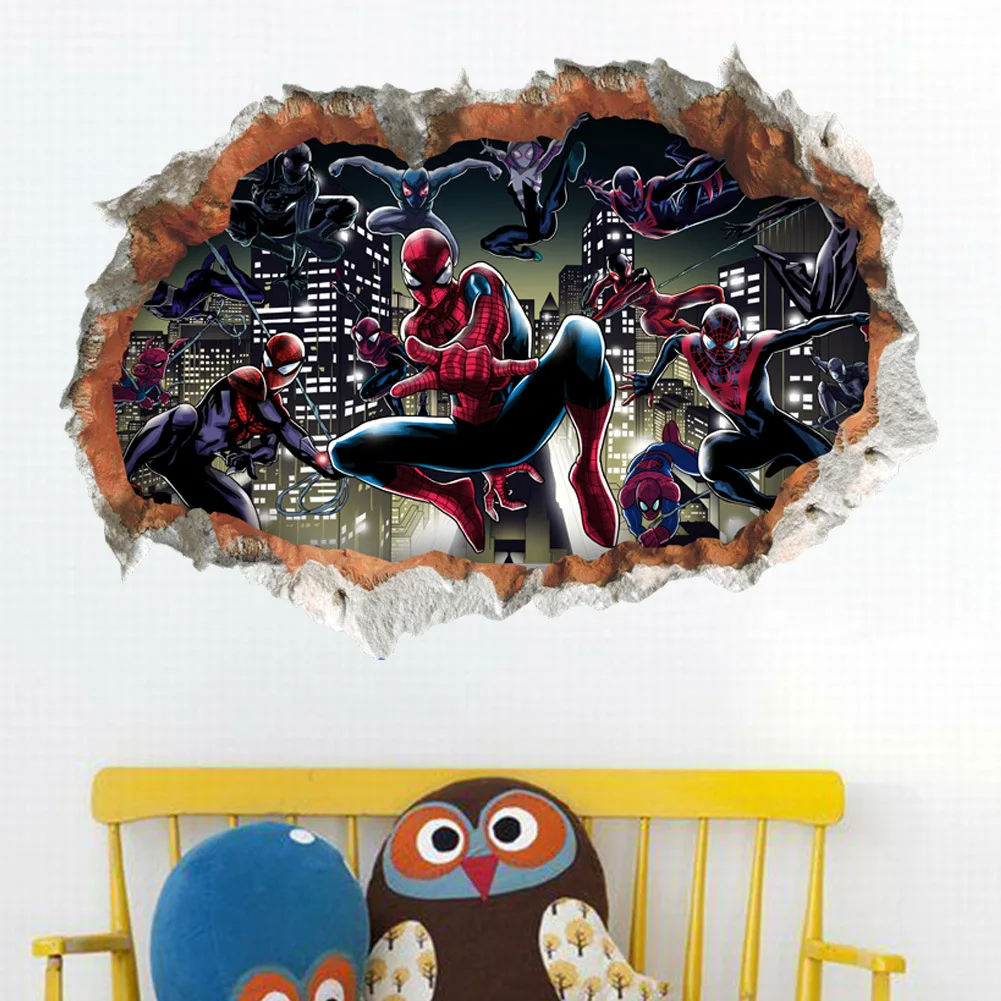 3D Wall Stickers Marvel Hero Spider-Man Broken Wall Wallpaper Self-Adhesive Dormitory Back Bedroom Decoration Waterproof Paste W