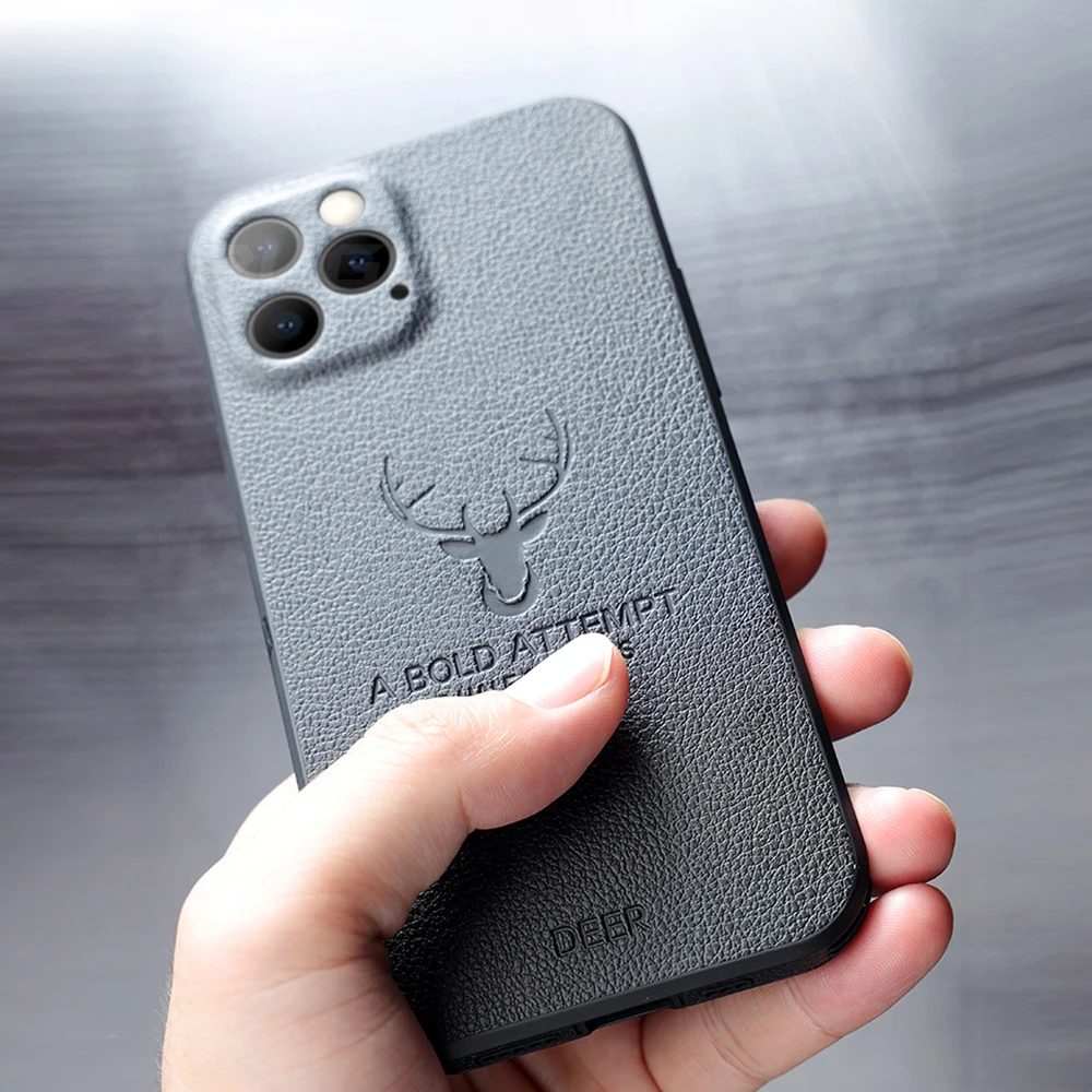Luxury Leather Texture Square Case For iPhone 13 12 11 Pro Max Mini X Xs XR 3D Deer Head Full Camera Protection Shockproof Cover