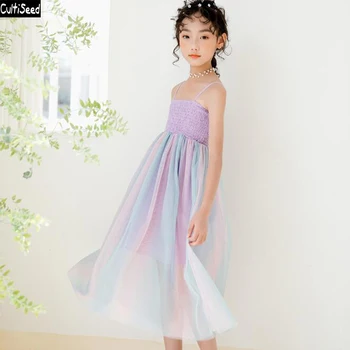 

Cultiseed Girls Rainbow Mesh Dress 2020 New Big Children Girl Fashion Spaghetti Strap Dress Kids Girl Princess Party Dresses
