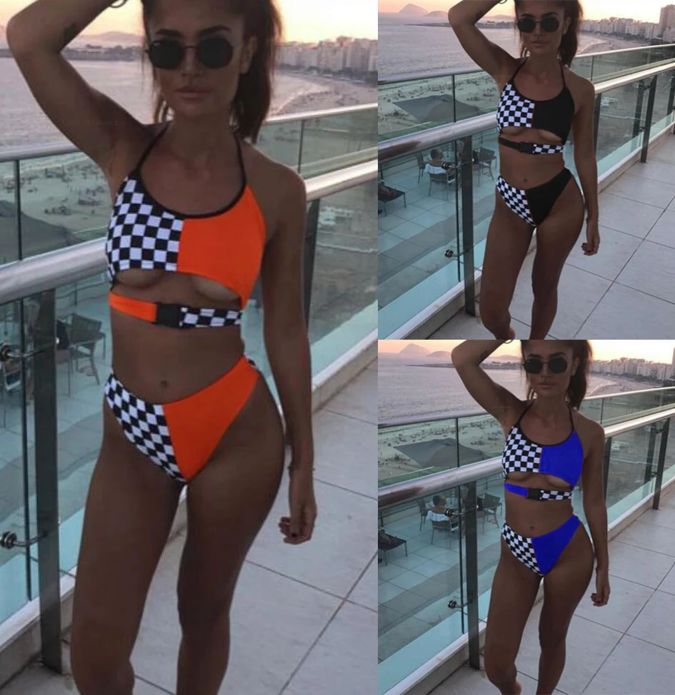 

Checkered Swimwear Women Sexy Push Up Swimming Bathing Suit High Waist Swimsuit Beachwear Bikinis Set Maillot De Bain