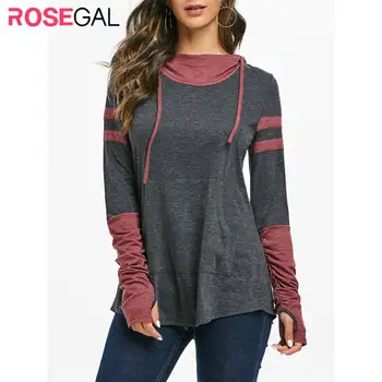 

ROSEGAL Hooded Kangaroo Pocket Ruched Contrast Heathered T-shirt Women Long Sleeve Loose Casual Tee Office Style Spring 2020