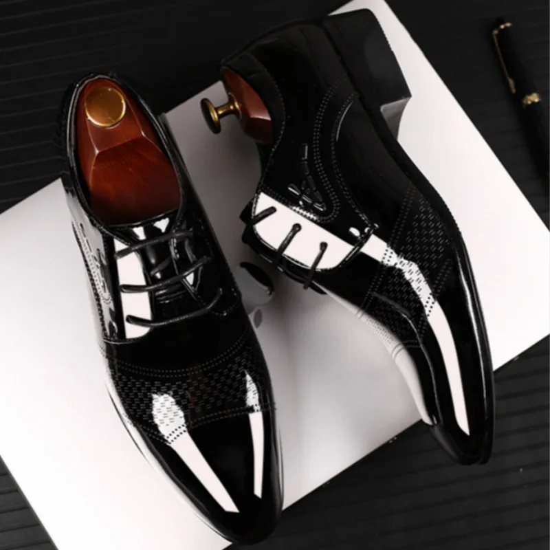 

2019 New Style Europe And America Large Size Formal Wear Business MEN'S Leather Shoes Bright Surface Patent Leather Lace-up Wedd