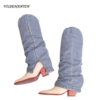 

Genuine Leather Pointed Toe Thick Heel Western Wide Tube Knee-high Cowboy Boots Women Retro New Slip on Pleated Women's Shoes