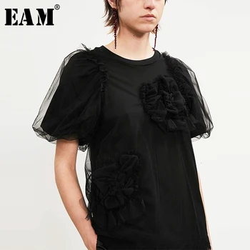 

[EAM] Women Black Three-dimensional Flower Loose T-shirt New Round Neck Long Sleeve Fashion Tide Spring Autumn 2020 19A-a205