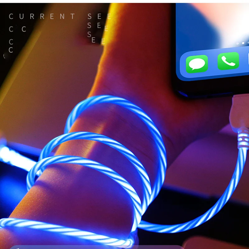 Горячее свечение струящиеся цвета USB зарядное устройство Тип C кабель для Android Micro