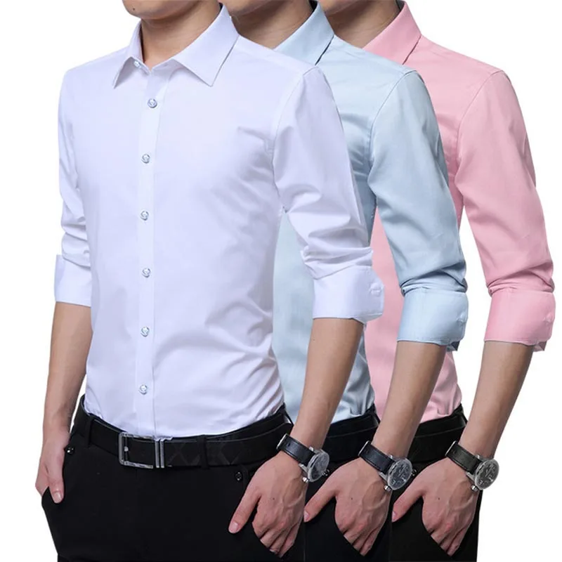 

Plus Large Size 8XL 7XL 6XL 5XL Mens Business Casual Long Sleeved Shirt Slim Fit Solid Male Regular Dress Shirts Pink 2020 New