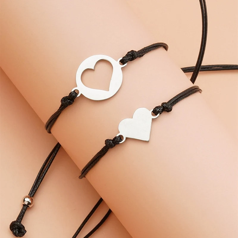 2Pcs/set Creative Stainless Steel Hollow Heart Shaped Wax Wire Braided Card Bracelet Charm Bracelets For Women Mother’s Day Gift