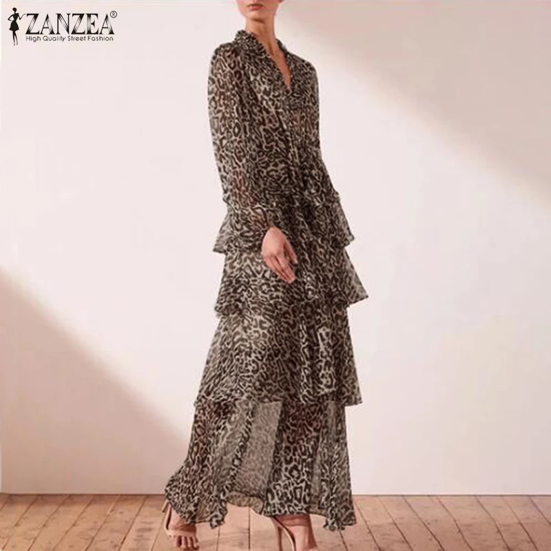 

ZANZEA 2019 Bohemian Summer Maxi Dress Women's Print Leopard Sundress Ruffled Vestidos Female Lantern Sleeve Casual Robe S-5XL