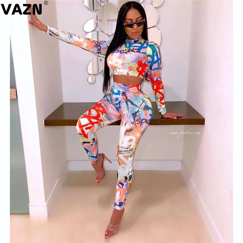 VAZN FST7046 New Design Sprot Print Free Casual Red Young Long Sleeve Top Long Pants Slim Elastic Women 2 Piece Set